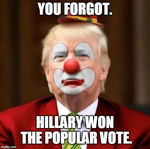 Donald Trump Clown | YOU FORGOT. HILLARY WON THE POPULAR VOTE. | image tagged in donald trump clown | made w/ Imgflip meme maker