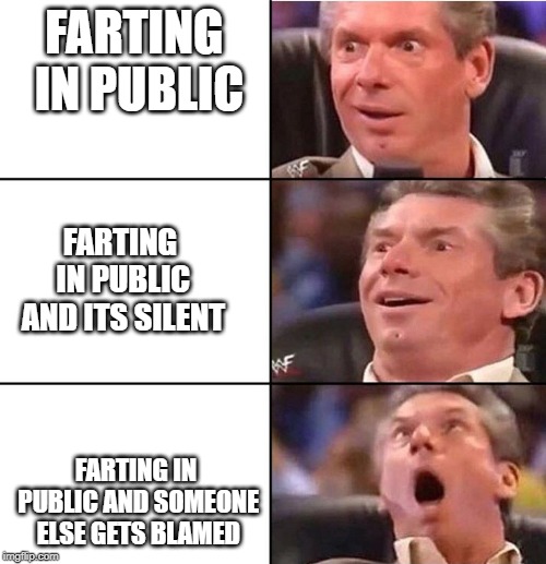 Vince McMahon | FARTING IN PUBLIC; FARTING IN PUBLIC AND ITS SILENT; FARTING IN PUBLIC AND SOMEONE ELSE GETS BLAMED | image tagged in vince mcmahon | made w/ Imgflip meme maker