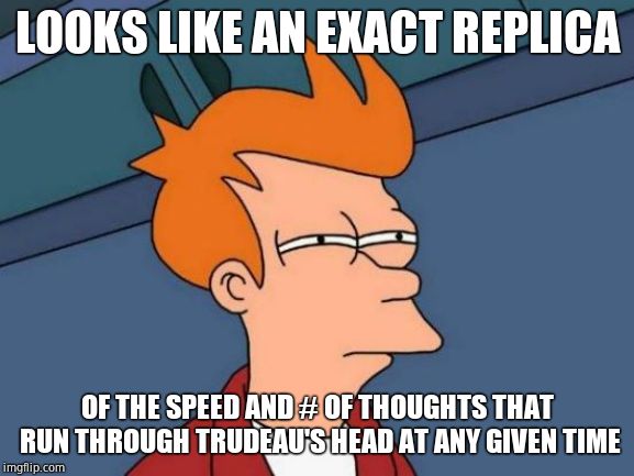 Futurama Fry Meme | LOOKS LIKE AN EXACT REPLICA OF THE SPEED AND # OF THOUGHTS THAT RUN THROUGH TRUDEAU'S HEAD AT ANY GIVEN TIME | image tagged in memes,futurama fry | made w/ Imgflip meme maker