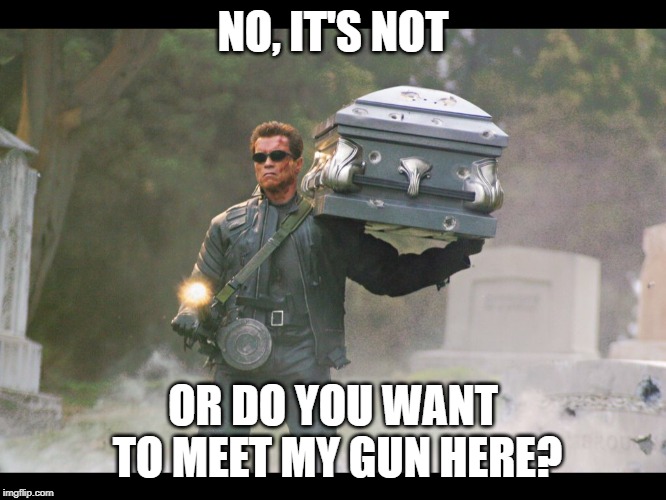 Terminator funeral | NO, IT'S NOT OR DO YOU WANT TO MEET MY GUN HERE? | image tagged in terminator funeral | made w/ Imgflip meme maker