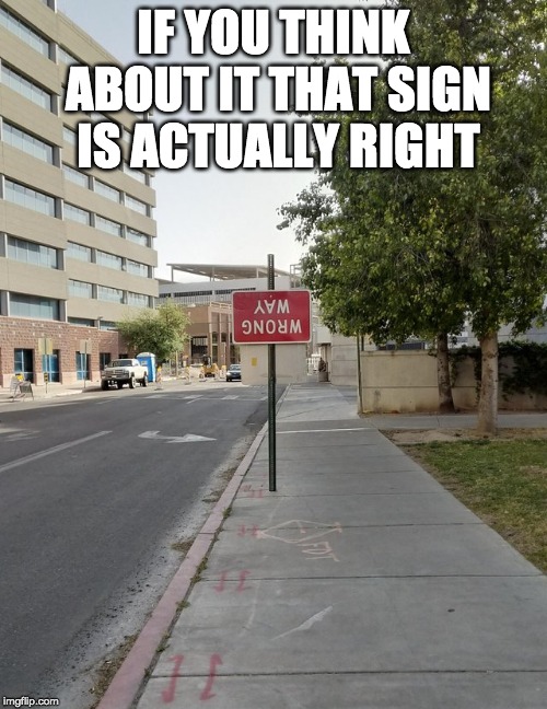which way did you say? | IF YOU THINK ABOUT IT THAT SIGN IS ACTUALLY RIGHT | image tagged in upside-down,funny sign,sign,dead end | made w/ Imgflip meme maker