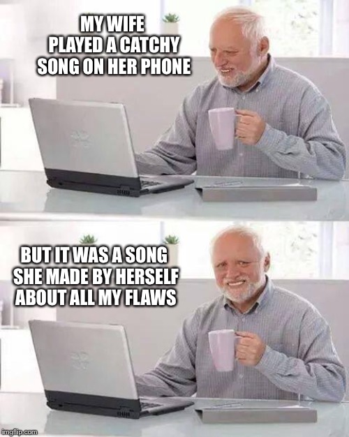 A Painful Song to Hear | MY WIFE PLAYED A CATCHY SONG ON HER PHONE; BUT IT WAS A SONG SHE MADE BY HERSELF ABOUT ALL MY FLAWS | image tagged in memes,hide the pain harold | made w/ Imgflip meme maker