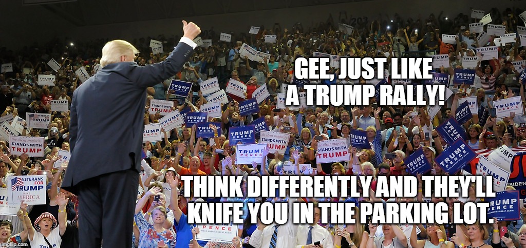 Trump Rally | GEE, JUST LIKE A TRUMP RALLY! THINK DIFFERENTLY AND THEY'LL KNIFE YOU IN THE PARKING LOT. | image tagged in trump rally | made w/ Imgflip meme maker