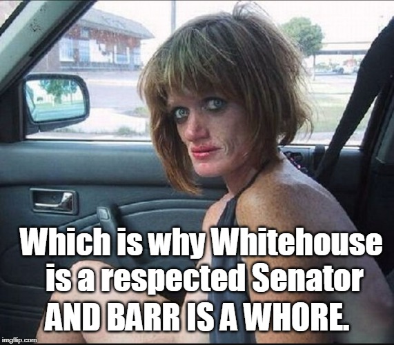 crack whore hooker | Which is why Whitehouse is a respected Senator AND BARR IS A W**RE. | image tagged in crack whore hooker | made w/ Imgflip meme maker