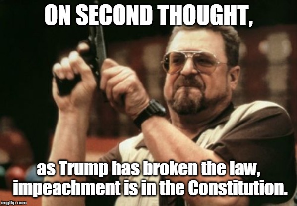 Am I The Only One Around Here Meme | ON SECOND THOUGHT, as Trump has broken the law, impeachment is in the Constitution. | image tagged in memes,am i the only one around here | made w/ Imgflip meme maker