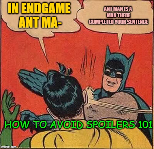Batman Slapping Robin Meme | IN ENDGAME ANT MA-; ANT MAN IS A MAN THERE COMPLETED YOUR SENTENCE; HOW TO AVOID SPOILERS 101 | image tagged in memes,batman slapping robin | made w/ Imgflip meme maker