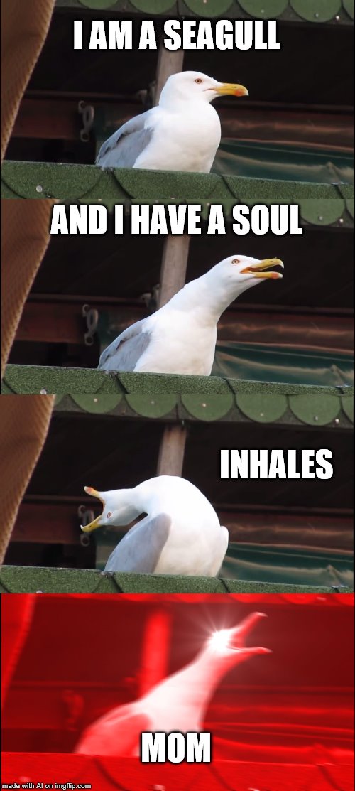 COMPETITION: Think of the story behind this meme, and the best one will get, well, you'll have to win to find out... | I AM A SEAGULL; AND I HAVE A SOUL; INHALES; MOM | image tagged in memes,inhaling seagull,ai | made w/ Imgflip meme maker