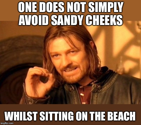 One Does Not Simply Meme | ONE DOES NOT SIMPLY AVOID SANDY CHEEKS WHILST SITTING ON THE BEACH | image tagged in memes,one does not simply | made w/ Imgflip meme maker