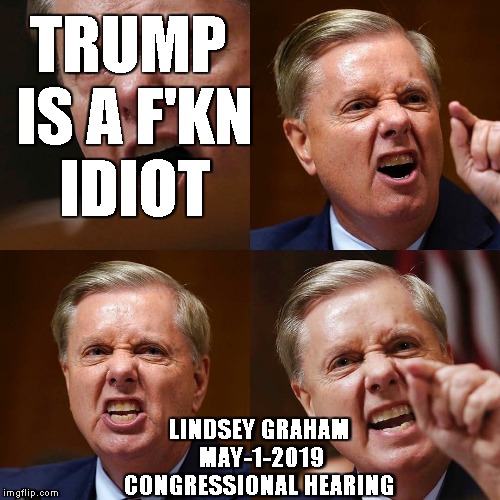Lindsey Graham angry face | TRUMP IS A F'KN IDIOT LINDSEY GRAHAM MAY-1-2019 CONGRESSIONAL HEARING | image tagged in lindsey graham angry face | made w/ Imgflip meme maker