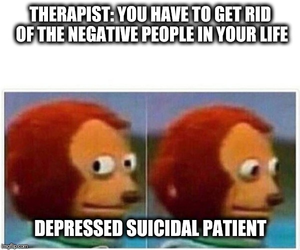 Monkey Puppet Meme | THERAPIST: YOU HAVE TO GET RID OF THE NEGATIVE PEOPLE IN YOUR LIFE; DEPRESSED SUICIDAL PATIENT | image tagged in monkey puppet | made w/ Imgflip meme maker