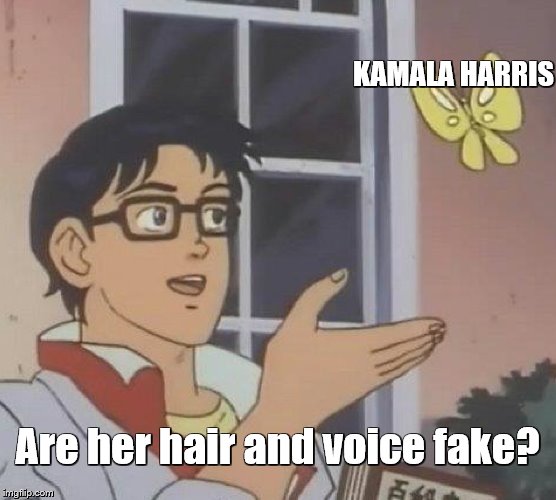 Is This A Pigeon Meme | KAMALA HARRIS Are her hair and voice fake? | image tagged in memes,is this a pigeon | made w/ Imgflip meme maker