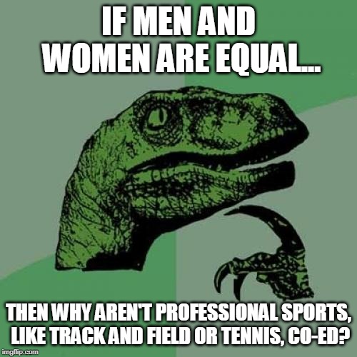 Philosoraptor | IF MEN AND WOMEN ARE EQUAL... THEN WHY AREN'T PROFESSIONAL SPORTS, LIKE TRACK AND FIELD OR TENNIS, CO-ED? | image tagged in memes,philosoraptor,gender,sports,biology,anti-feminism | made w/ Imgflip meme maker