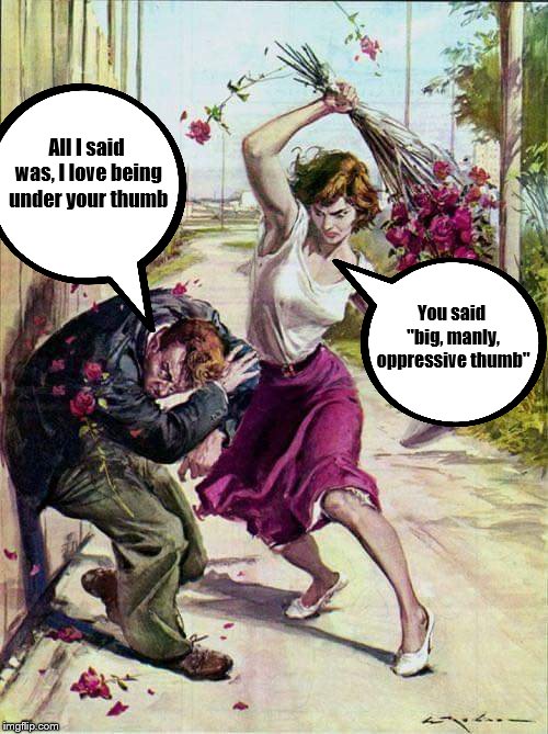 Beaten with Roses | All I said was, I love being under your thumb You said "big, manly, oppressive thumb" | image tagged in beaten with roses | made w/ Imgflip meme maker