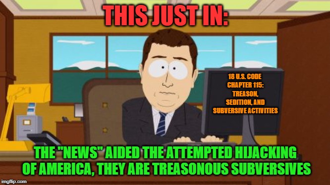 Line them all up | THIS JUST IN:; 18 U.S. CODE CHAPTER 115: TREASON, SEDITION, AND SUBVERSIVE ACTIVITIES; THE "NEWS" AIDED THE ATTEMPTED HIJACKING OF AMERICA, THEY ARE TREASONOUS SUBVERSIVES | image tagged in memes,aaaaand its gone,fake news,treason | made w/ Imgflip meme maker