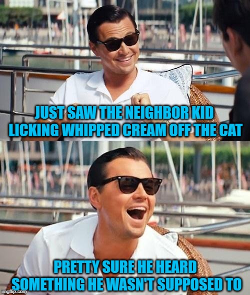 But they said... | JUST SAW THE NEIGHBOR KID LICKING WHIPPED CREAM OFF THE CAT; PRETTY SURE HE HEARD SOMETHING HE WASN'T SUPPOSED TO | image tagged in memes,leonardo dicaprio wolf of wall street,whipped cream,funny,cats,wrong ideas | made w/ Imgflip meme maker
