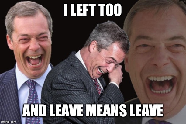 Nigel Farage Laugh | I LEFT TOO AND LEAVE MEANS LEAVE | image tagged in nigel farage laugh | made w/ Imgflip meme maker