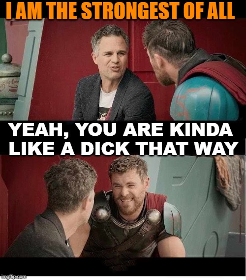 Banner is a what? | I AM THE STRONGEST OF ALL YEAH, YOU ARE KINDA LIKE A DICK THAT WAY | image tagged in bruce banner and thor is he though,dick | made w/ Imgflip meme maker
