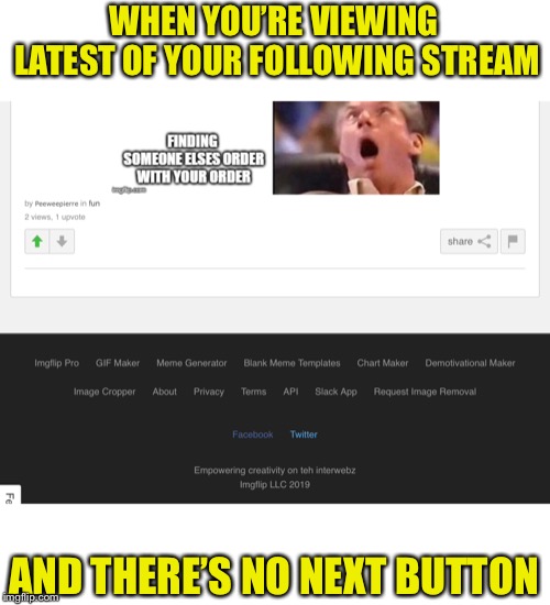 Bug report | WHEN YOU’RE VIEWING LATEST OF YOUR FOLLOWING STREAM; AND THERE’S NO NEXT BUTTON | image tagged in imgflip,bug | made w/ Imgflip meme maker