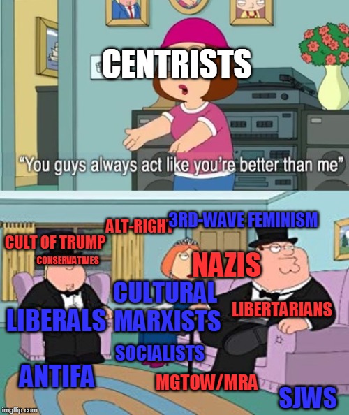 Always better than me | CENTRISTS; 3RD-WAVE FEMINISM; ALT-RIGHT; CULT OF TRUMP; CONSERVATIVES; NAZIS; CULTURAL MARXISTS; LIBERTARIANS; LIBERALS; SOCIALISTS; ANTIFA; MGTOW/MRA; SJWS | image tagged in always better than me | made w/ Imgflip meme maker