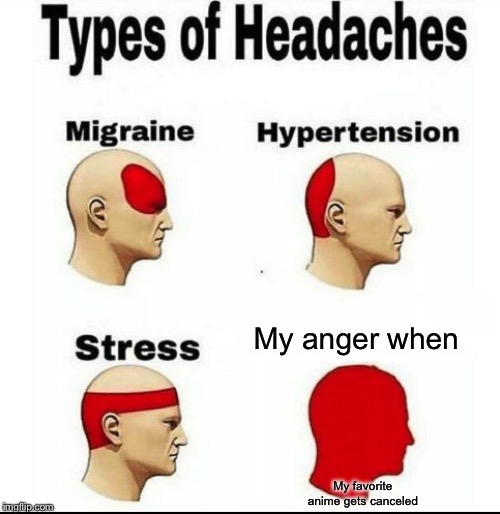 Types of Headaches meme | My anger when; My favorite anime gets canceled | image tagged in types of headaches meme | made w/ Imgflip meme maker