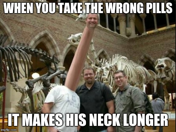 Long Neck | WHEN YOU TAKE THE WRONG PILLS; IT MAKES HIS NECK LONGER | image tagged in long neck | made w/ Imgflip meme maker
