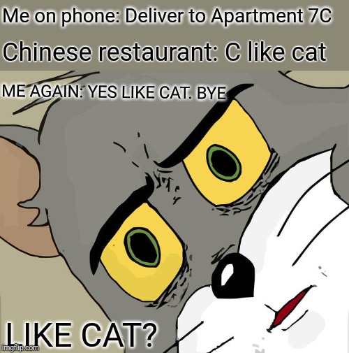 Hope I didn't order what I think | Me on phone: Deliver to Apartment 7C; Chinese restaurant: C like cat; ME AGAIN: YES LIKE CAT. BYE; LIKE CAT? | image tagged in unsettled tom,chinese food | made w/ Imgflip meme maker