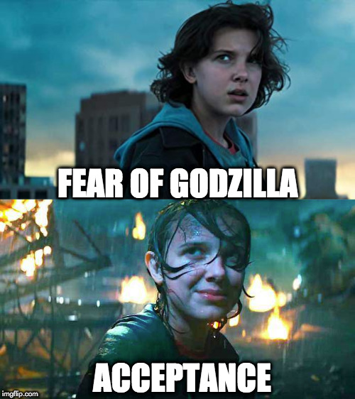Fear of Godzilla | FEAR OF GODZILLA; ACCEPTANCE | image tagged in godzilla | made w/ Imgflip meme maker
