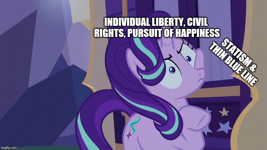 INDIVIDUAL LIBERTY, CIVIL RIGHTS, PURSUIT OF HAPPINESS; STATISM & THIN BLUE LINE | image tagged in my little pony,statism,politics | made w/ Imgflip meme maker