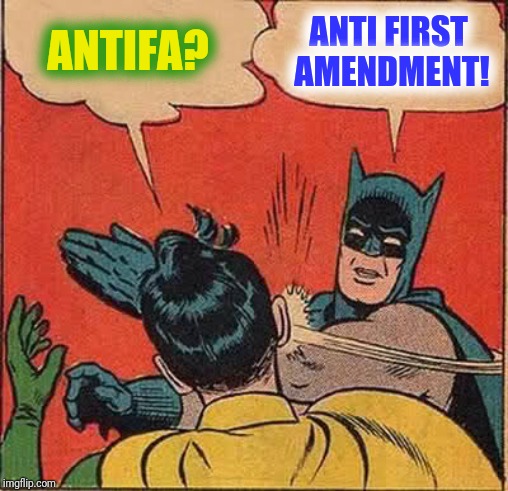 Batman Slapping Robin Meme | ANTIFA? ANTI FIRST AMENDMENT! | image tagged in memes,batman slapping robin | made w/ Imgflip meme maker