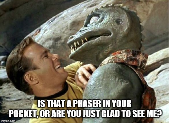 Gorn Wednesday | IS THAT A PHASER IN YOUR POCKET, OR ARE YOU JUST GLAD TO SEE ME? | image tagged in gorn wednesday | made w/ Imgflip meme maker