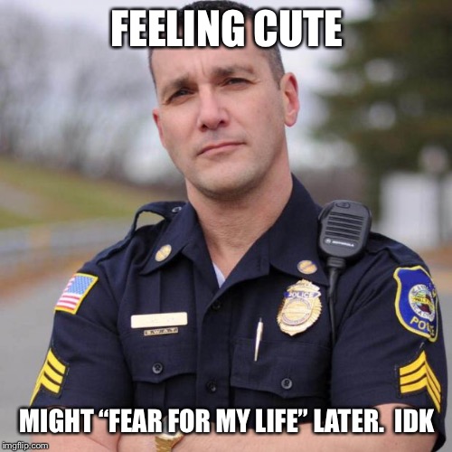 Cop | FEELING CUTE MIGHT “FEAR FOR MY LIFE” LATER.  IDK | image tagged in cop | made w/ Imgflip meme maker