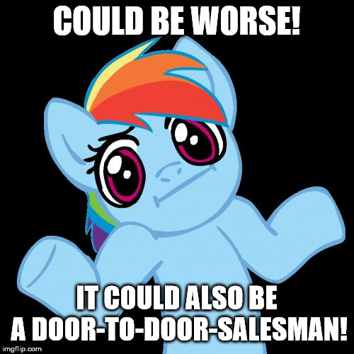 Pony Shrugs Meme | COULD BE WORSE! IT COULD ALSO BE A DOOR-TO-DOOR-SALESMAN! | image tagged in memes,pony shrugs | made w/ Imgflip meme maker