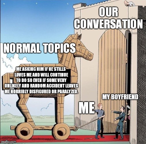 Trojan Horse | OUR CONVERSATION; NORMAL TOPICS; ME ASKING HIM IF HE STILLS LOVES ME AND WILL CONTINUE TO DO SO EVEN IF SOME VERY UNLIKELY AND RANDOM ACCIDENT LEAVES ME HORRIBLY DISFIGURED OR PARALYZED. MY BOYFRIEND; ME | image tagged in trojan horse | made w/ Imgflip meme maker