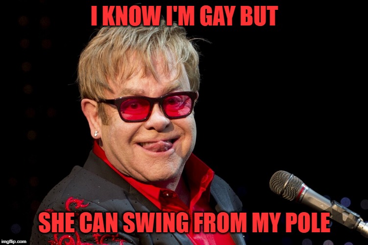 Elton John | I KNOW I'M GAY BUT SHE CAN SWING FROM MY POLE | image tagged in elton john | made w/ Imgflip meme maker