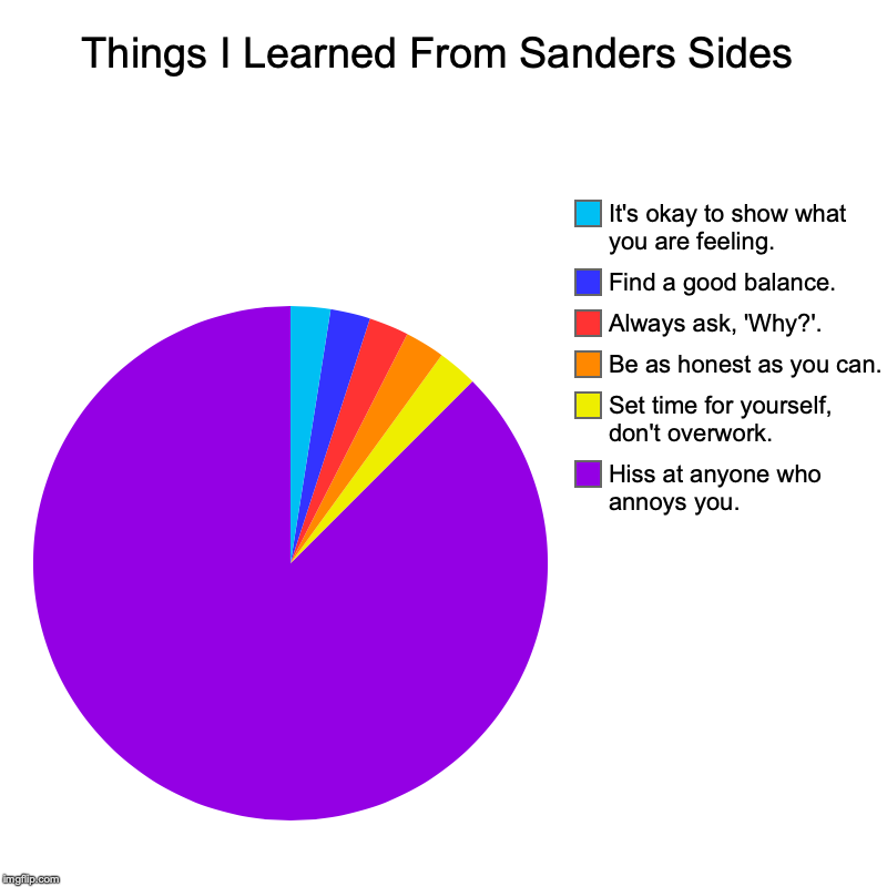 Things I Learned From Sanders Sides | Hiss at anyone who annoys you., Set time for yourself, don't overwork., Be as honest as you can., Alwa | image tagged in charts,pie charts,thomas sanders,youtubers | made w/ Imgflip chart maker