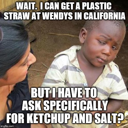 Third World Skeptical Kid | WAIT.  I CAN GET A PLASTIC STRAW AT WENDYS IN CALIFORNIA; BUT I HAVE TO ASK SPECIFICALLY FOR KETCHUP AND SALT? | image tagged in memes,third world skeptical kid | made w/ Imgflip meme maker