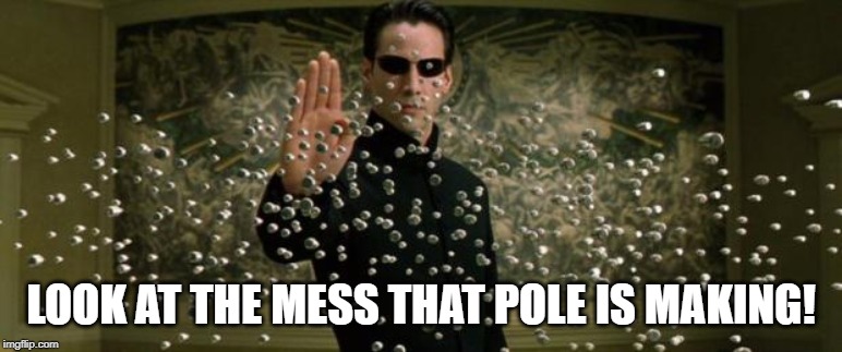 Neo bullet stop | LOOK AT THE MESS THAT POLE IS MAKING! | image tagged in neo bullet stop | made w/ Imgflip meme maker