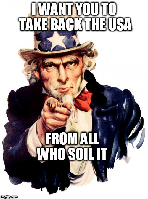 Uncle Sam Meme | I WANT YOU TO TAKE BACK THE USA; FROM ALL WHO SOIL IT | image tagged in memes,uncle sam | made w/ Imgflip meme maker