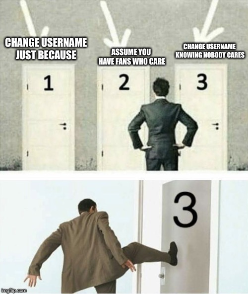 Three doors | CHANGE USERNAME JUST BECAUSE; ASSUME YOU HAVE FANS WHO CARE; CHANGE USERNAME KNOWING NOBODY CARES | image tagged in three doors | made w/ Imgflip meme maker