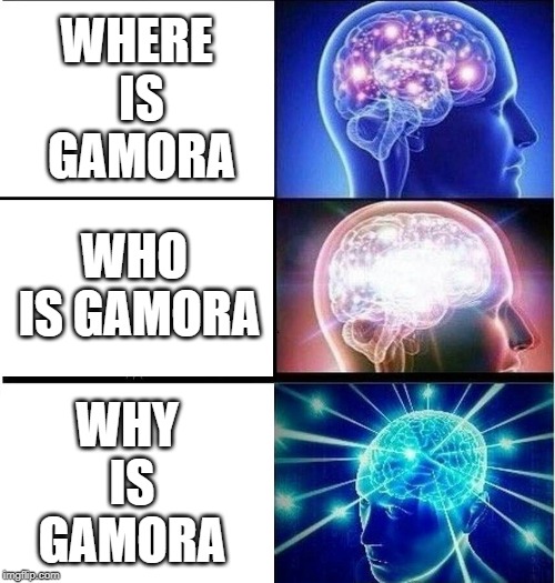 Expanding brain 3 panels | WHERE IS GAMORA; WHY IS GAMORA; WHO IS GAMORA | image tagged in expanding brain 3 panels | made w/ Imgflip meme maker