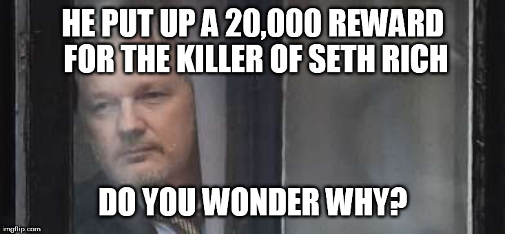 Lurking Assange | HE PUT UP A 20,000 REWARD FOR THE KILLER OF SETH RICH; DO YOU WONDER WHY? | image tagged in lurking assange | made w/ Imgflip meme maker