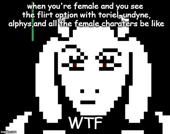 Undertale - Toriel | when you're female and you see the flirt option with toriel, undyne, alphys,and all the female charaters be like; WTF | image tagged in undertale - toriel | made w/ Imgflip meme maker