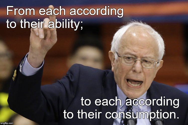 Bern, feel the burn? | From each according to their ability; to each according to their consumption. | image tagged in bern feel the burn | made w/ Imgflip meme maker