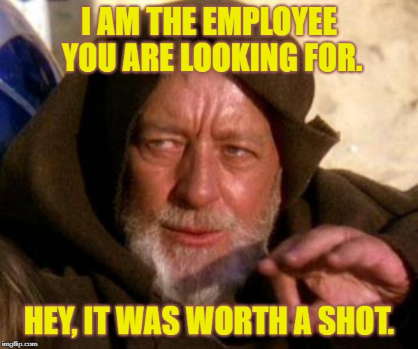 These are not the droids you're looking for | I AM THE EMPLOYEE YOU ARE LOOKING FOR. HEY, IT WAS WORTH A SHOT. | image tagged in these are not the droids you're looking for | made w/ Imgflip meme maker
