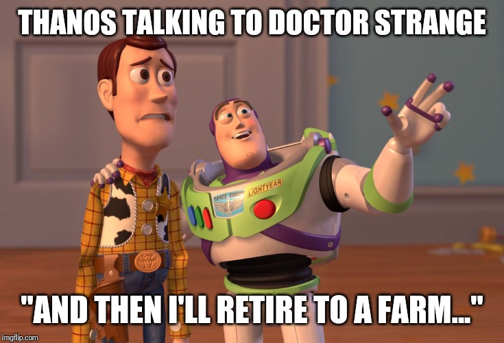 X, X Everywhere | THANOS TALKING TO DOCTOR STRANGE; "AND THEN I'LL RETIRE TO A FARM..." | image tagged in toy story,marvel,infinity war,doctor strange,thanos | made w/ Imgflip meme maker