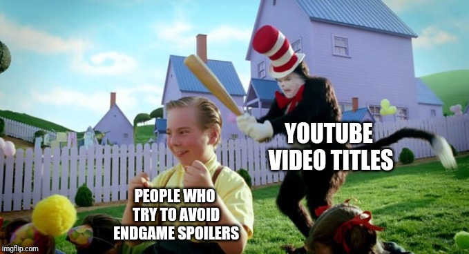 beware | YOUTUBE VIDEO TITLES; PEOPLE WHO TRY TO AVOID ENDGAME SPOILERS | image tagged in cat  the hat | made w/ Imgflip meme maker