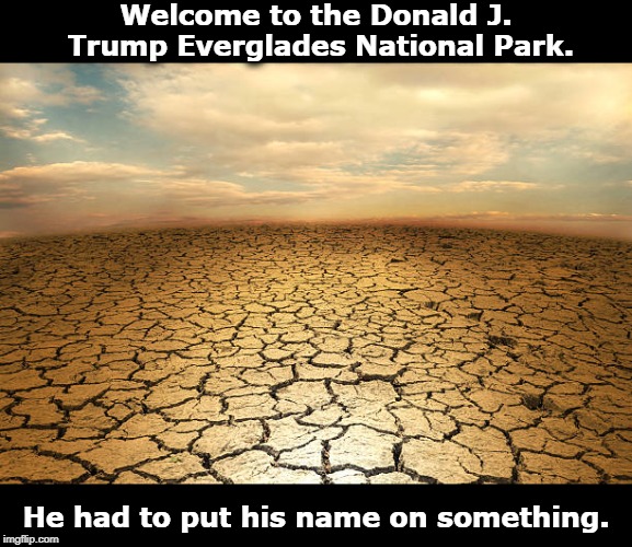Remember, there's no such thing as.....oops. | Welcome to the Donald J. Trump Everglades National Park. He had to put his name on something. | image tagged in trump,everglades,desert,climate change,global warming | made w/ Imgflip meme maker