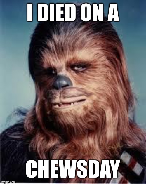 4-30-2019 | I DIED ON A; CHEWSDAY | image tagged in chewbacca | made w/ Imgflip meme maker