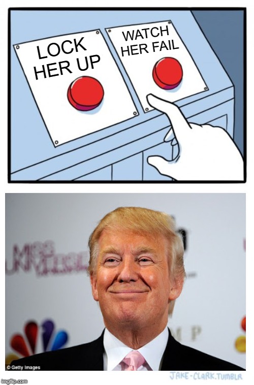 What Would Trump Do? | WATCH HER FAIL; LOCK HER UP | image tagged in memes,two buttons,funny trump meme,lock her up,hillary clinton fail,election 2020 | made w/ Imgflip meme maker