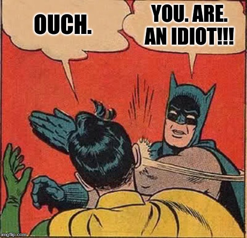 Batman Slapping Robin | OUCH. YOU. ARE. AN IDIOT!!! | image tagged in memes,batman slapping robin | made w/ Imgflip meme maker